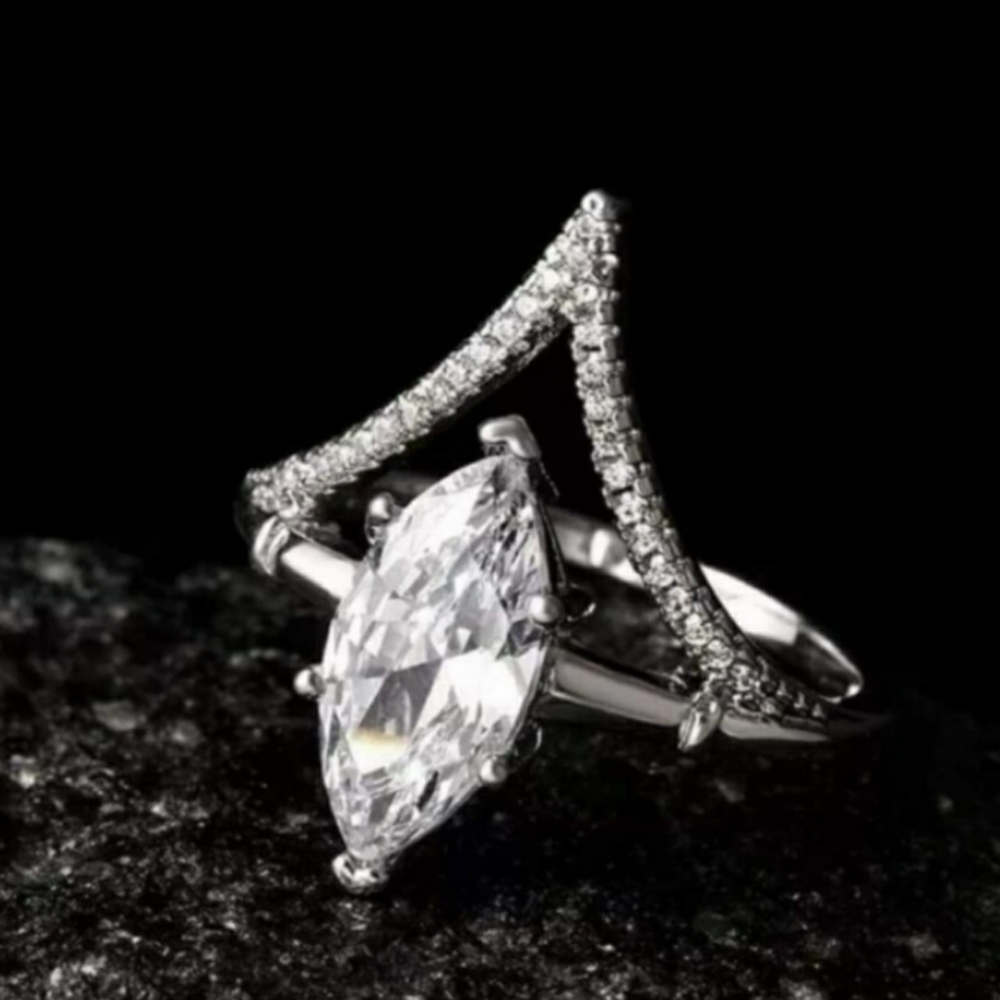 Silver White Sapphire Marquise Ring - Picture 3 of 7